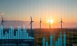 Wind turbines and power lines overlaid with data analytics